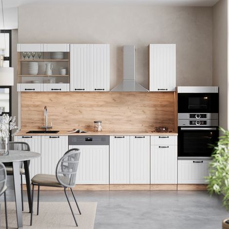 Cuisine Fame-Line, Blanc campagne, 300cm avec armoire haute, PT Marbre, Vicco