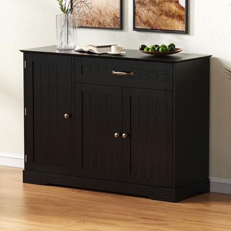Buffet de Salle à Manger 3 Portes et 1 Tiroir avec Étagères Réglables, Bahut de Rangement Style Scandinave pour Salon, Entrée et Cuisine,Noir (1/5)