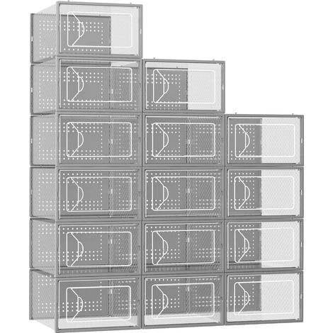 Transparente Schuhkartons mit grauem Rahmen, 33 x 23 x 14 cm, Set mit 15 stapelbaren Aufbewahrungsboxen aus durchsichtigem Kunststoff (1/5)