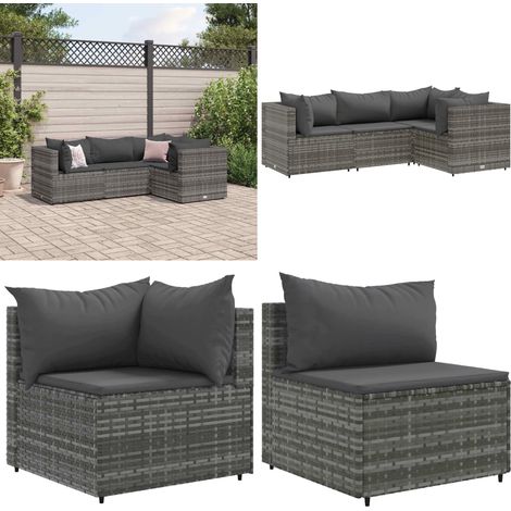 4-tlg. Garten-Lounge-Set mit Kissen Grau Poly Rattan - Gartengeset - Loungeset - Gartenmöbel - Rattan Möbel - Outdoor Möbel - Home & Living