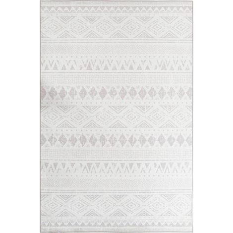 Tapis boho gris et blanc motif ikat doux en polyester - Gris clair motif ikat blanc (1/4)