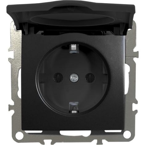 Schuko Steckdose Unterputz Schutzkontakt-Steckdose 1-Fach 16A 220-250V mit Deckel Schwarz Matt