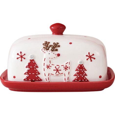Plat À Beurre - Céramique - Design Père Noël Couturé - Pour Décoration De Table De Fêtes - Service À Dessert Et À Apéritif - 1 Pièce (1/3)