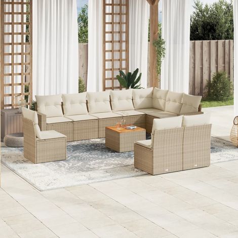 Canapé Jardin 10 Places Résine Tressée Beige avec Coussins Gris - Salon de Jardin Modulaire en Polyrotin avec Table Acacia (1/3)