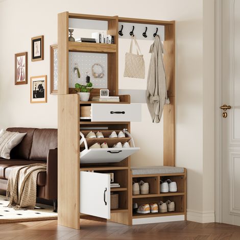 Meuble d'entrée moderne avec rangement chaussures et banquette, portemanteau avec patères, 1 tiroir, 1 compartiment rabattable et 1 porte, espace de stockage ouvert, chêne/blanc, 108,5 x 35 x 180 cm (1/5)