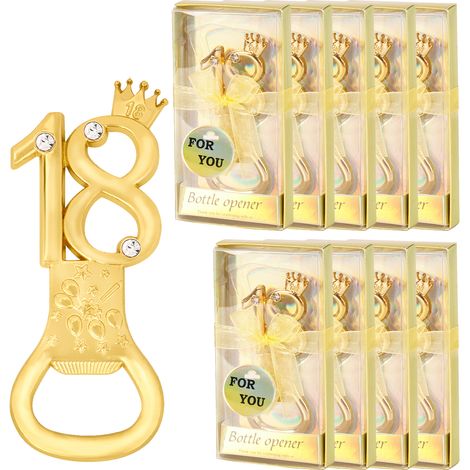 Ouvre-bouteille en alliage de zinc Lot de 10 Décapsuleur réutilisable design doré strass numéro 18 pour anniversaire fête mariage décoration cadeau invité élégant robuste (1/4)