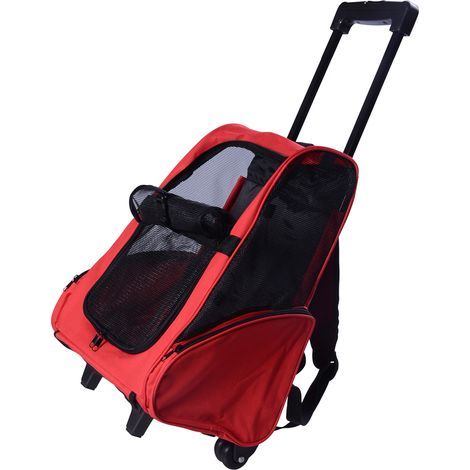 Sac de transport à roulettes pour chien 2 en 1 trolley chariot sac à dos pour chien chat avec poignée téléscopique, sacs de rangement, aérations, attache de sécurité, 42 x 25 x 55 cm, rouge (1/5)