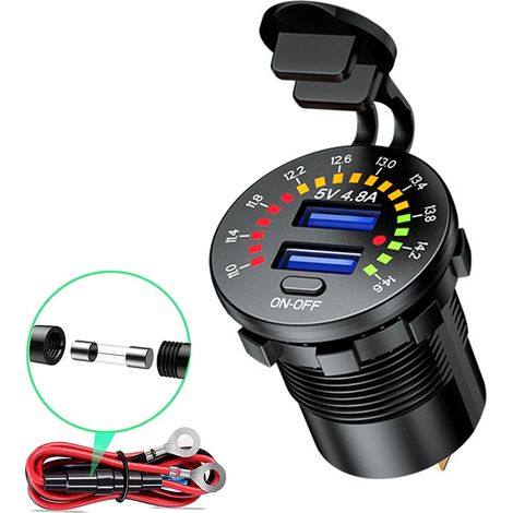 Chargeur de voiture double USB 4,8 A avec voltmètre et affichage LED, adaptateur pour téléphone portable, voiture, moto, bateau (1/4)