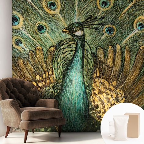 Papier peint avec colle pour décoration moderne de salon chambre à coucher cuisine et bureau Facile Paon majestueux 250x250 cm (1/5)