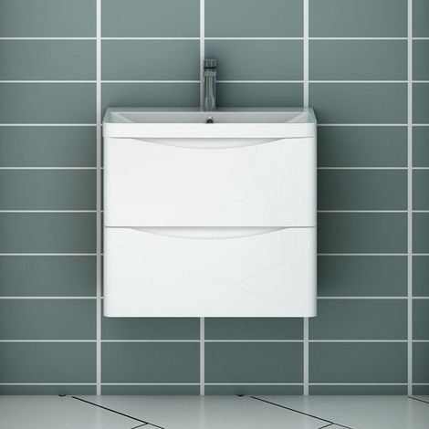 Acezanble 600mm Bathroom Vanity Unit with Resin Basin Wall Mounted Bathroom Cabinet 2 Drawers Gloss White Full Assembled (1/5)