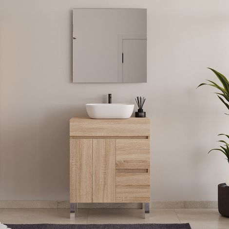 Meuble de salle de bain 70cm sur pieds avec plateau et une cuve à poser arrondie - portes et tiroirs - cambrian (chêne clair) - HARO (1/5)