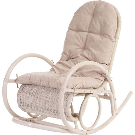 [NEUWERTIG] Schaukelstuhl Queluz, Schwingsessel Rattansessel, weiß Auflage creme