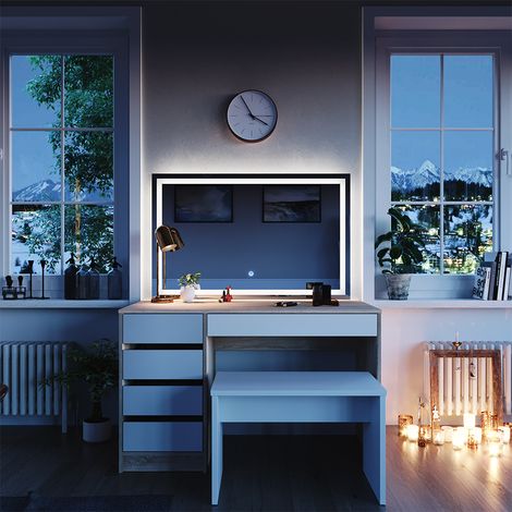 Coiffeuse Sherry, Blanc/Sonoma, 120cm avec miroir LED et tabouret, Vicco (1/5)
