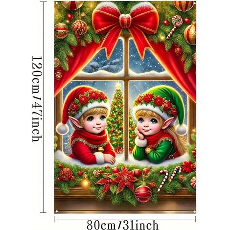 Nouvelle décoration de fenêtre de Noël, tenture Père Noël, décoration de fête, drapeau d'extérieur - 80 x 120 cm (œillets + ruban) - Style 4