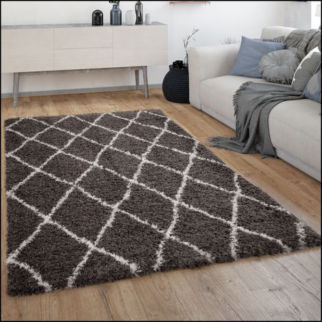 Paco Home Hochflor Teppich Wohnzimmer Shaggy Langflor Skandinavisches Rauten Muster Modern Grau, 60x90 cm