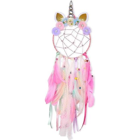 Attrape-rêves licorne fait main, décoration murale pour chambre d'enfant, pompons arc-en-ciel duveteux, attrape-rêves fleuri. (1/5)