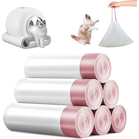 Trash Bags with Carry Handle: 6 Rolls Cat Litter Bin Liners, 90 Pieces Durable Self-Cleaning Cat Litter Box Refill(White) (1/5)