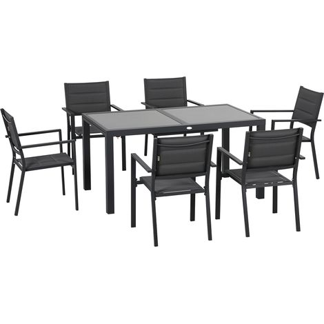 Easycomfort Set da Giardino con Tavolo Allungabile in Vetro e 6 Sedie con Seduta Traspirante, Grigio Scuro (1/5)