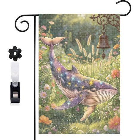 Drapeau de jardin bienvenue 30 x 45 cm motif baleine et vagues stylisées toile double face (1/5)