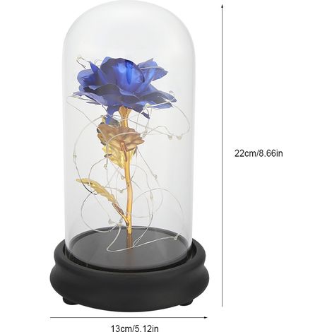 Rose lumineuse LED plaquée or 24 carats avec socle en verre, cadeau idéal pour la Saint-Valentin ou un mariage (bleu). (1/5)