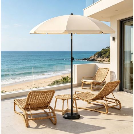 Sombrilla de playa plegable de 155 x 142-192 cm, inclinación de 35°, altura regulable, color beige, metal y poliéster. (1/5)