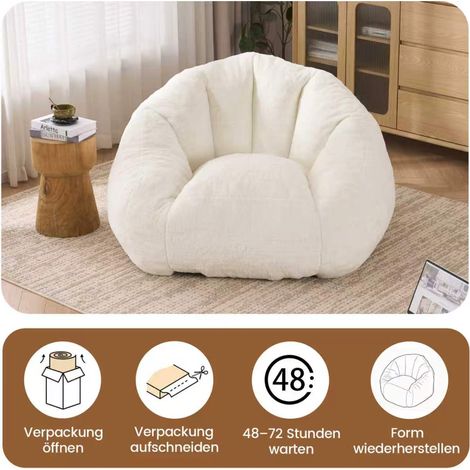 Pouf pour adultes, fauteuil lounge moelleux en fausse fourrure, emballé sous vide et sans assemblage, pour salon, chambre, balcon - Grand (Crème) (1/4)