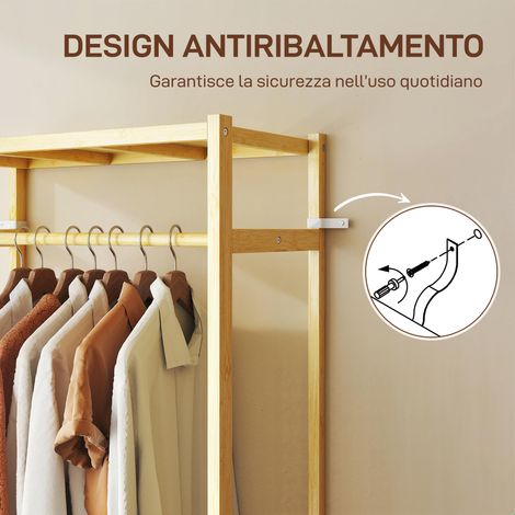 Portant vêtements bambou naturel sur roulettes, 70x35x175 cm, avec étagères, barre et 4 roues. (1/5)