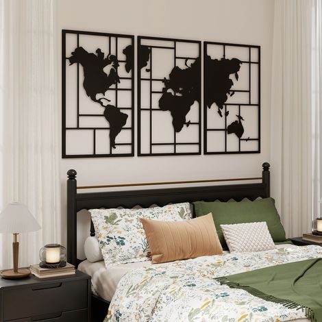 Décoration murale Décoration murale en métal 3 pièces Carte du monde Art mural pour salon Couloir de chambre - noir - 50 x 80 cm - Robuste