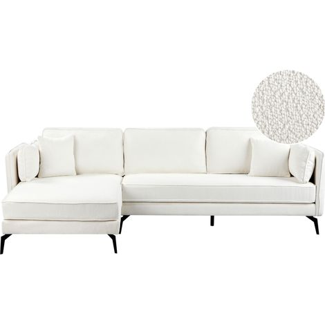 Sofá esquinero moderno tapizado bouclé derecho con respaldo de almohada y cojines blanco crema Altan (1/5)
