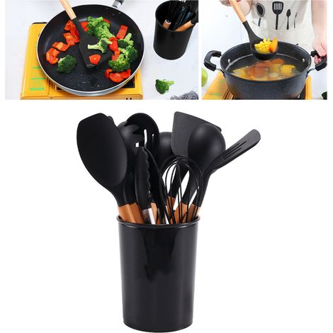 Ensemble de 11 ustensiles de cuisine en silicone résistant à la chaleur avec manches en bois et seau de rangement inclus, idéal pour le camping (noir). (1/5)