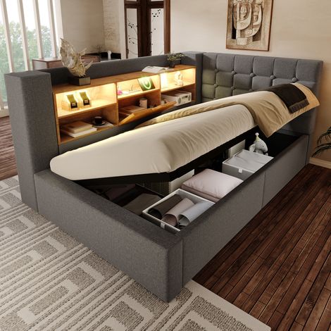 DESVIAE Lit simple rembourré 90 x 200 cm avec matelas LED ports USB rangement hydraulique tête de lit en L réversible étagères tissu en lin gris (1/5)