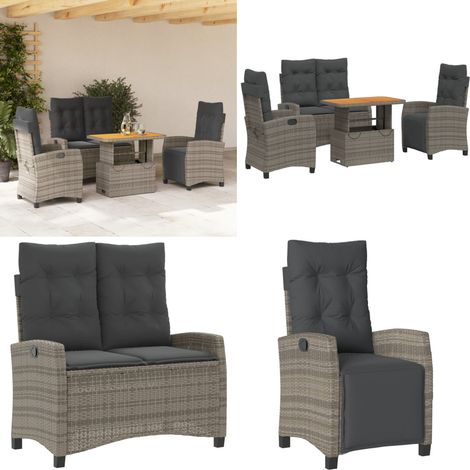4-tlg. Garten-Essgruppe mit Kissen Grau Poly Rattan - Gartenstuhl - Gartenbank