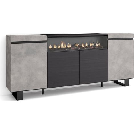Skraut Home – Buffet de rangement 200x35x87cm – 4 portes – Cheminée électrique à LED – Design industriel gris ciment – Module avec étagère (1/5)
