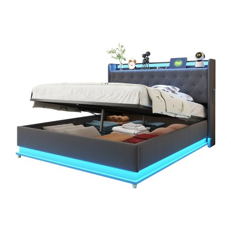 Cama Doble con Canapé 140 x 200 cm de Tela, LED Multicolor y USB, sin Colchón, Gris (1/5)