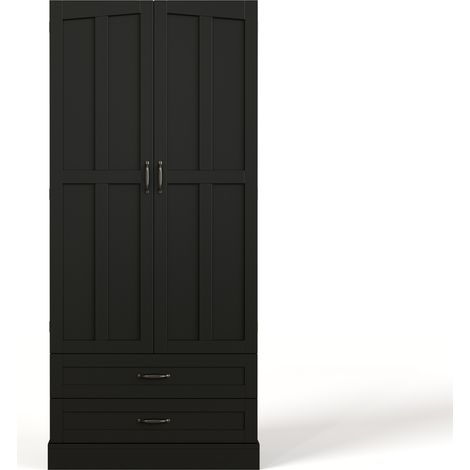 Buffet de cuisine haut noir en MDF avec 3 étagères coulissantes et 2 tiroirs 80x38x180 cm (1/5)