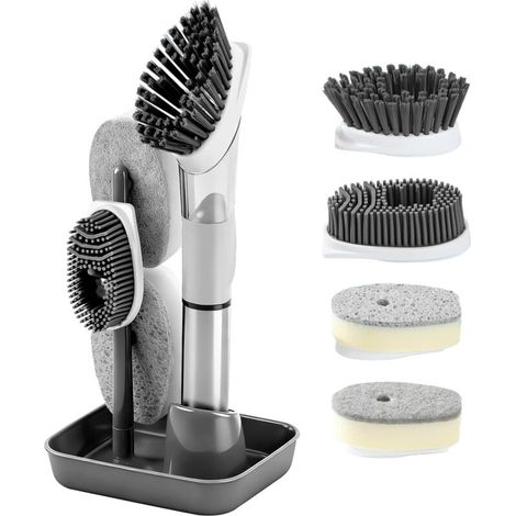 Brosse à vaisselle 4 en 1 avec réservoir d'eau intégré et tête de grattage pour casseroles et vaisselle - Grise (1/5)