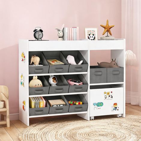 Meuble de rangement enfant 11 bacs tissu MDF et acier blanco (1/5)