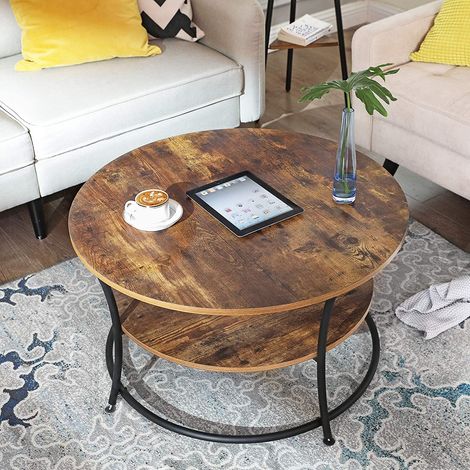 Vasagle – Table basse ronde Ø80 avec tablette – brun rustique et noir – cadre en métal robuste – poids supportable 50 kg (1/5)