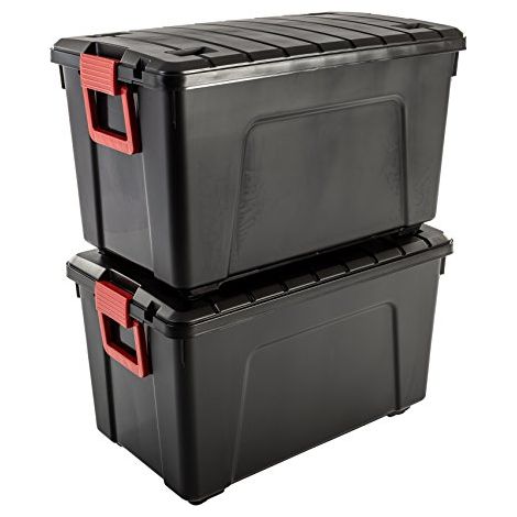 Iris Ohyama, grande contenitore in plastica, contenitore per garage da 110 l, Lotto di 2, SIA-110, nero, impilabile, clip di chiusura - L75 x P44,5 x A45 cm (1/4)