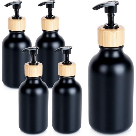 Juego de 5 botellas con dosificador de bomba para champú, gel de ducha, jabón líquido negro de 300 ml. (1/5)