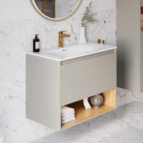 BERNSTEIN - Meuble vasque suspendu MDF Gris soie mat, lavabo Blanc brillant + trou robinet, trop plein & Bonde - 83x49x62cm - BELDIVO (1/5)