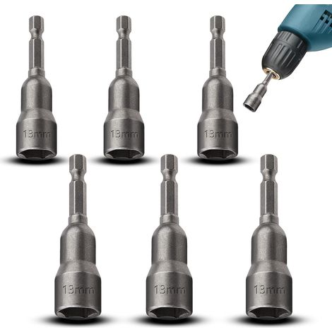 Douille Hexagonale - 13 mm - Adaptateur 1/4 Pouces - Acier Chrome Vanadium - Magnétique - Pour Visseuse - Lot de 6
