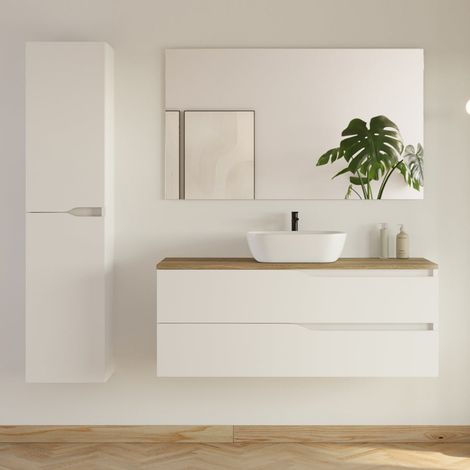 Meuble de salle de bain 120cm avec plateau et vasque arrondie Zeus - 2 tiroirs et colonne de rangement - blanc mat/medera miel - LUNA