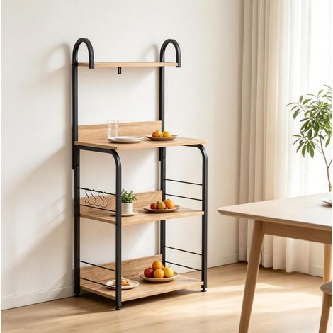 Scaffale da cucina 60x40x125 cm, con 4 ripiani, 4 ganci, struttura in metallo e truciolato, nero e legno naturale (1/5)