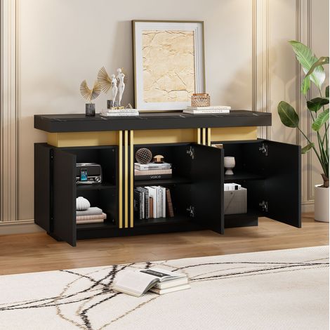 Sideboard 140x38x70 cm Schwarz aus Spanplatte mit Marmoroptik und verstellbaren Fächern (1/5)