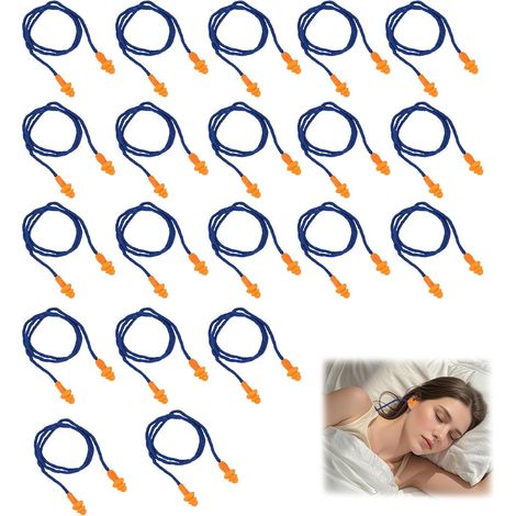 Lot de 20 Paires de Bouchons d'Oreilles en Silicone Réutilisables avec Cordon, Protection Auditive avec Réduction du Bruit pour le Sommeil, bouchon d'oreille anti bruit,Travail et Sécurité, Bleu (1/5)