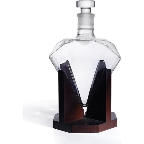 Carafe à whisky (A) 1000 ml, bouteille de vin en verre avec support en bois et bouchon hermétique. Convient à tous types d'alcools. Idée cadeau. (1/5)