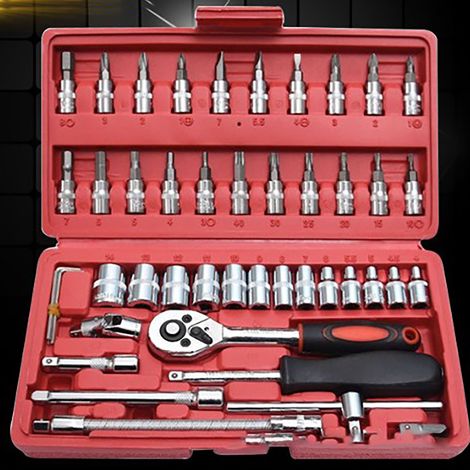 Jeu de 46 douilles à cliquet 1/4 pouce, acier chromé vanadium, anti-rouille, coffret outillage mécanicien professionnel. (1/5)