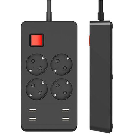 Multiprise parafoudre multifonctionnelle avec 4 prises de courant et 4 ports USB, avec interrupteur de surcharge indépendant, 1,5 mètre de long, noire. (1/5)
