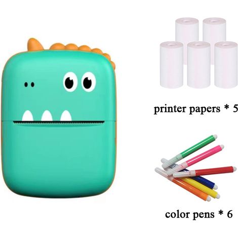 Imprimante portable miniature Petit Dinosaure Verte + 5 rouleaux de papier d'impression + Stylos de couleur (1/2)